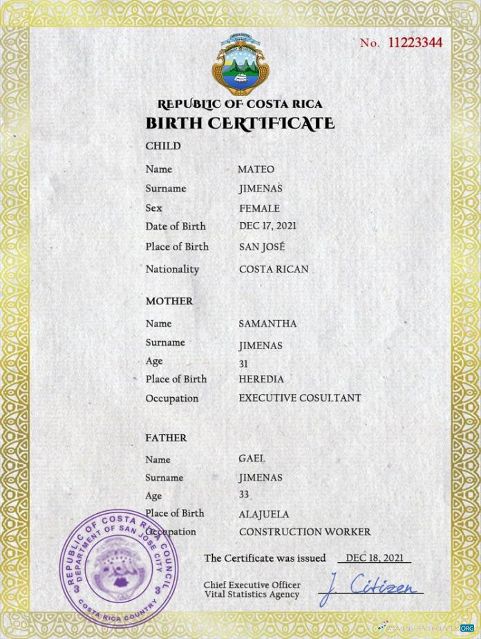 Профессиональный Скачать Коста-Рика Birth Certificate PSD Шаблон Photoshop Шаблон