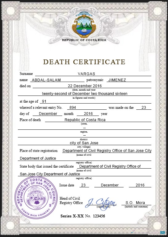 Премиум Скачать Коста-Рика Death Certificate PSD Шаблон Photoshop Шаблон