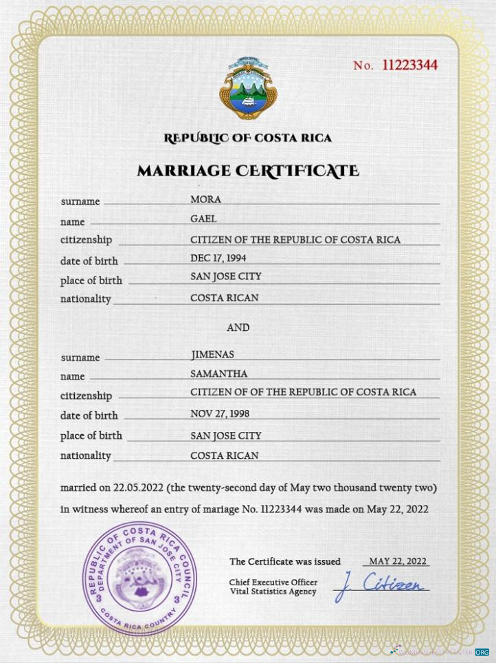 Профессиональный Скачать Коста-Рика Marriage Certificate PSD Шаблон Photoshop Шаблон