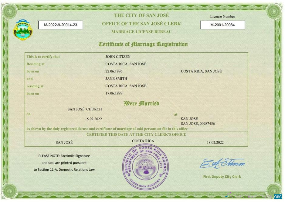 Реалистичный Скачать Коста-Рика Marriage Certificate Word и PDF Шаблон Photoshop Шаблон