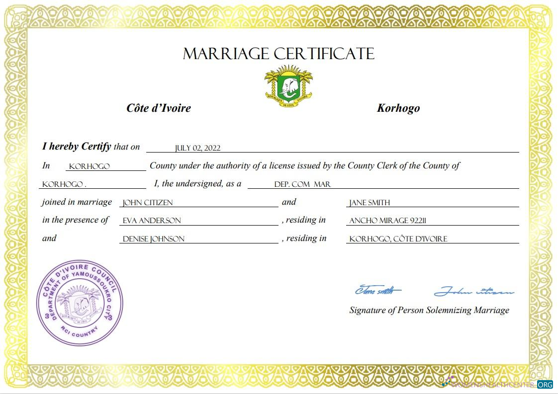 Редактируемый Скачать Cote D’Ivoire Marriage Certificate Word и PDF Шаблон Photoshop Шаблон