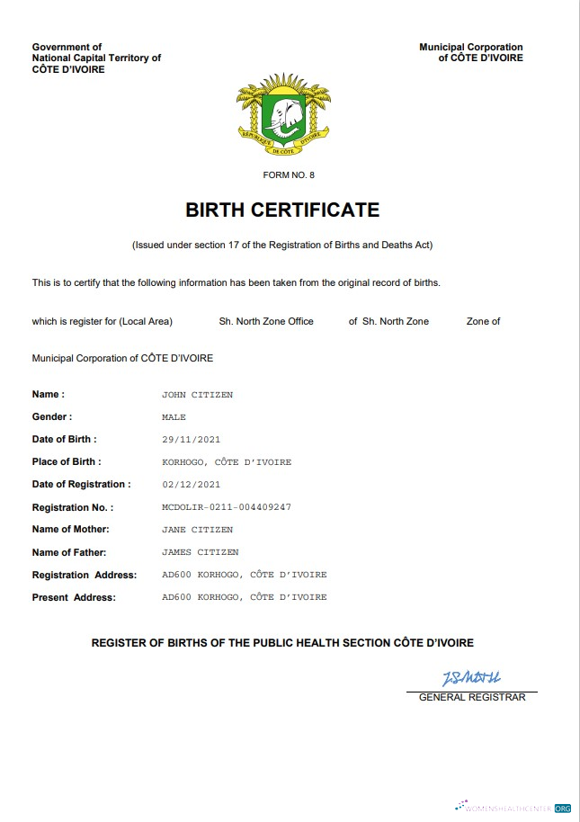 Редактируемый Скачать Cote D’Ivoire Vital Record Birth Certificate Word и PDF Шаблон Photoshop Шаблон