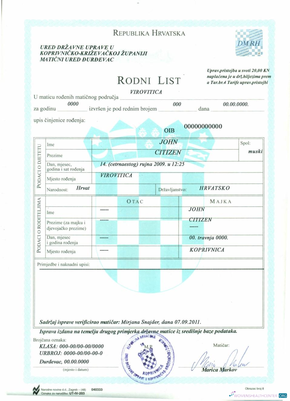 Редактируемый Скачать Хорватия Birth Certificate Photoshop Шаблон