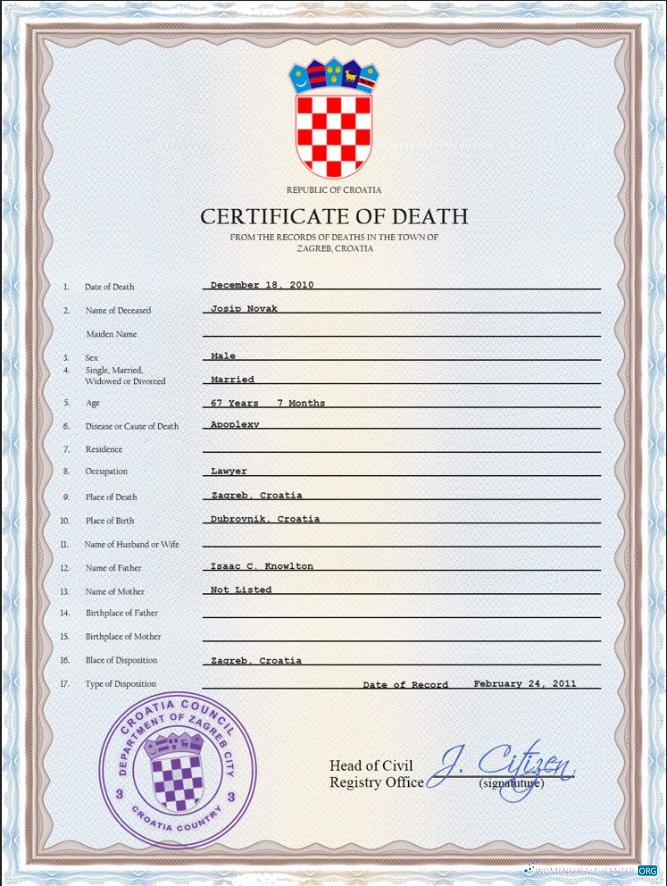 Профессиональный Скачать Хорватия Death Certificate PSD Шаблон Photoshop Шаблон