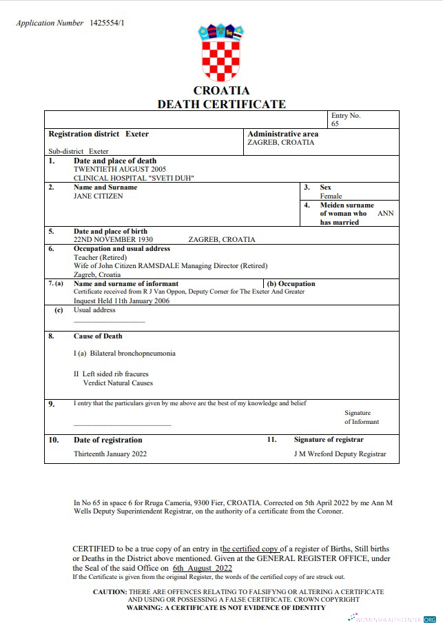 Качественный Скачать Хорватия Vital Record Death Certificate Word и PDF Шаблон Photoshop Шаблон