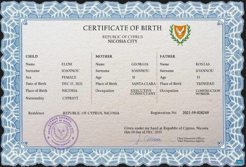 Редактируемый Скачать Кипр Vital Record Birth Certificate PSD Шаблон Photoshop Шаблон