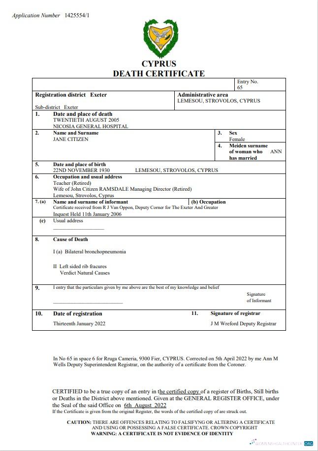 Качественный Скачать Кипр Vital Record Death Certificate Word и PDF Шаблон Photoshop Шаблон
