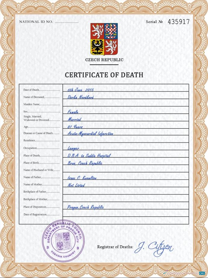 Премиум Скачать Czechia Death Certificate PSD Шаблон Photoshop Шаблон