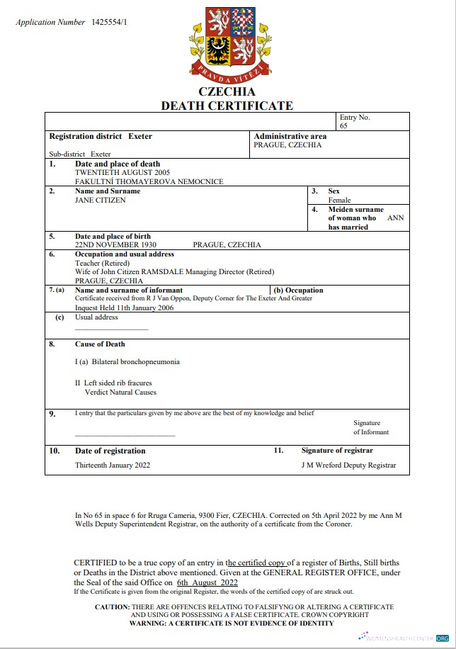 Качественный Скачать Czechia Death Certificate Word и PDF Шаблон Photoshop Шаблон