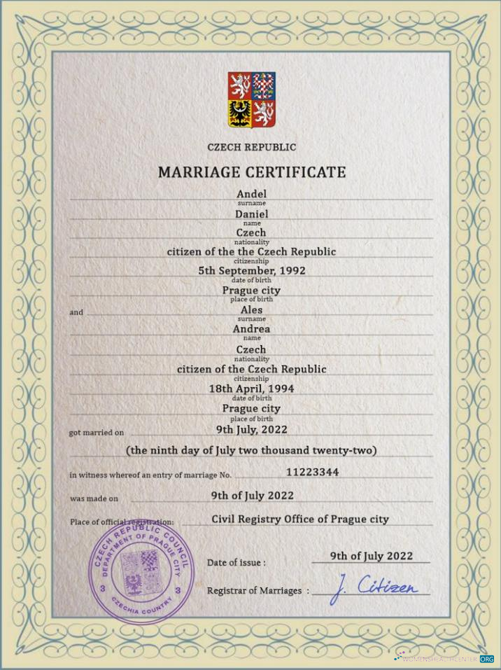 Реалистичный Скачать Czechia Marriage Certificate Photoshop Шаблон