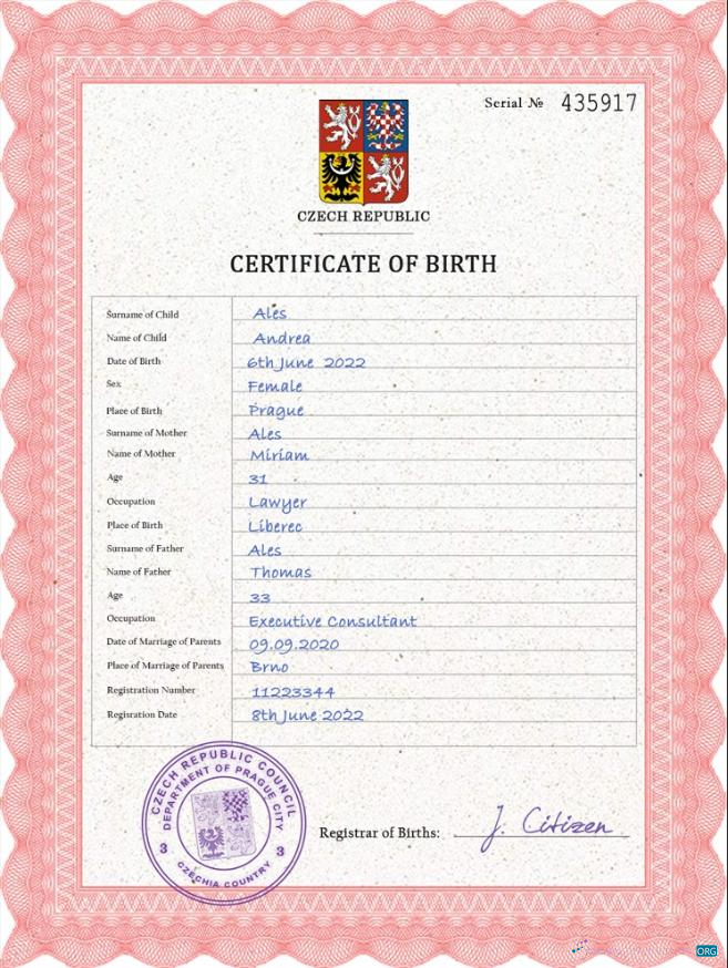 Редактируемый Скачать Czechia Vital Record Birth Certificate PSD Шаблон Photoshop Шаблон