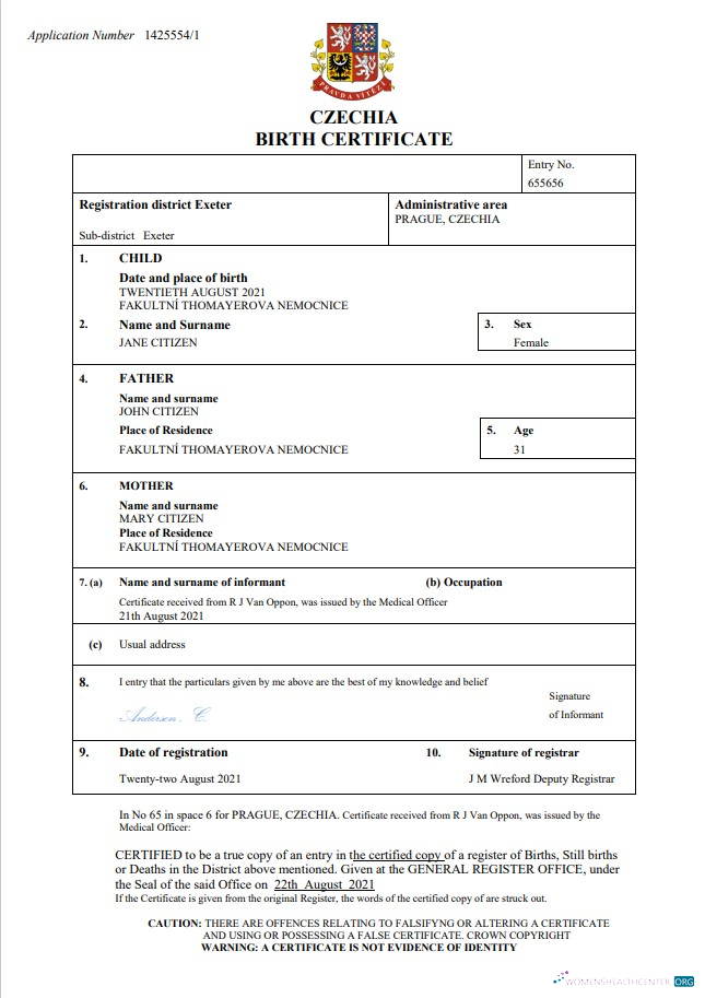 Редактируемый Скачать Czechia Vital Record Birth Certificate Word и PDF Шаблон Photoshop Шаблон
