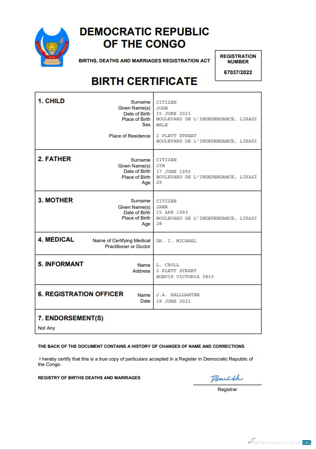 Премиум Скачать Democratic Республика Конго Birth Certificate Word и PDF Шаблон Photoshop Шаблон