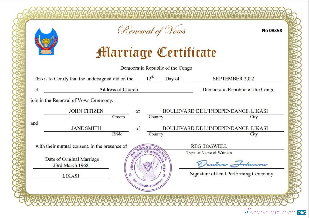 Редактируемый Скачать Democratic Республика Конго Marriage Certificate Word и PDF Шаблон Photoshop Шаблон