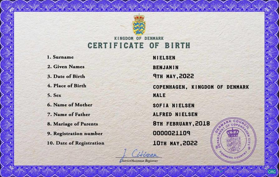 Качественный Скачать Дания Birth Certificate PSD Шаблон Photoshop Шаблон