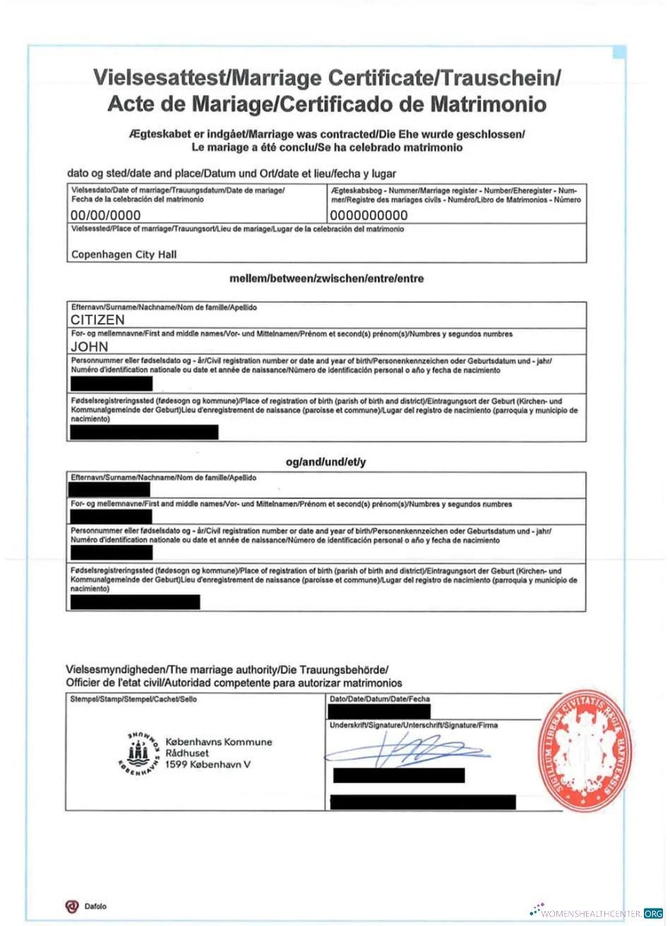 Редактируемый Скачать Дания Международный Marriage Certificate Photoshop Шаблон