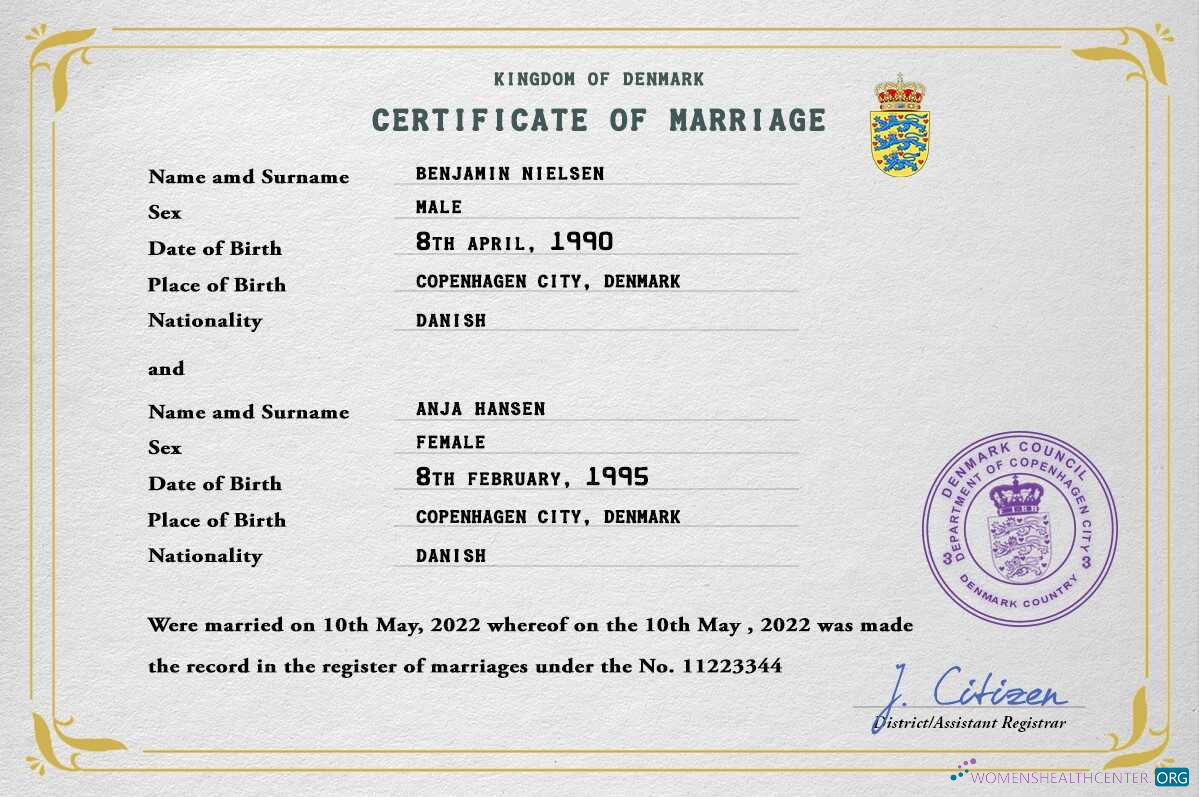 Профессиональный Скачать Дания Marriage Certificate PSD Шаблон Photoshop Шаблон