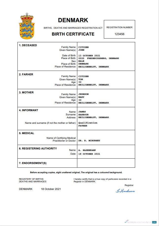 Реалистичный Скачать Дания Vital Record Birth Certificate Word и PDF Шаблон Photoshop Шаблон