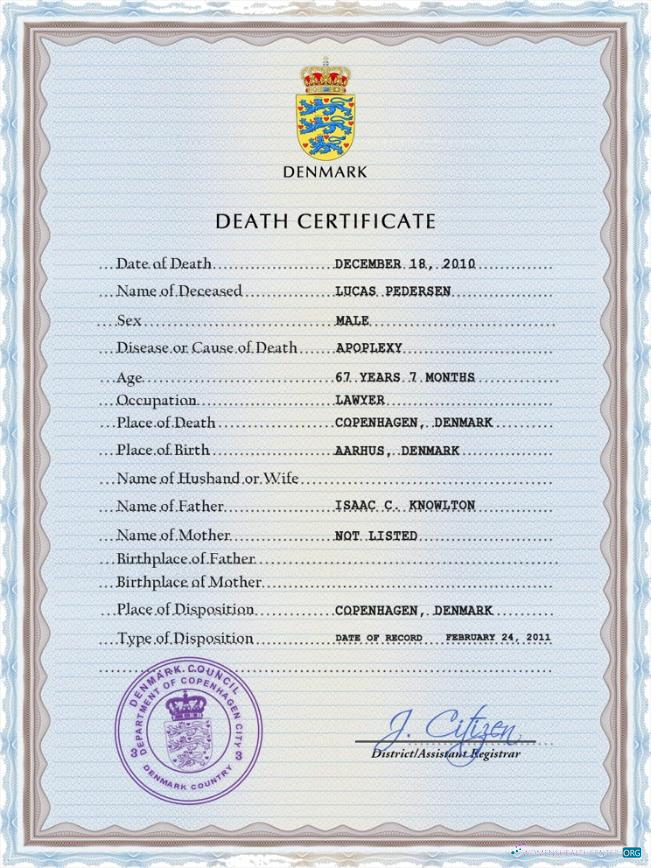 Редактируемый Скачать Дания Vital Record Death Certificate PSD Шаблон Photoshop Шаблон