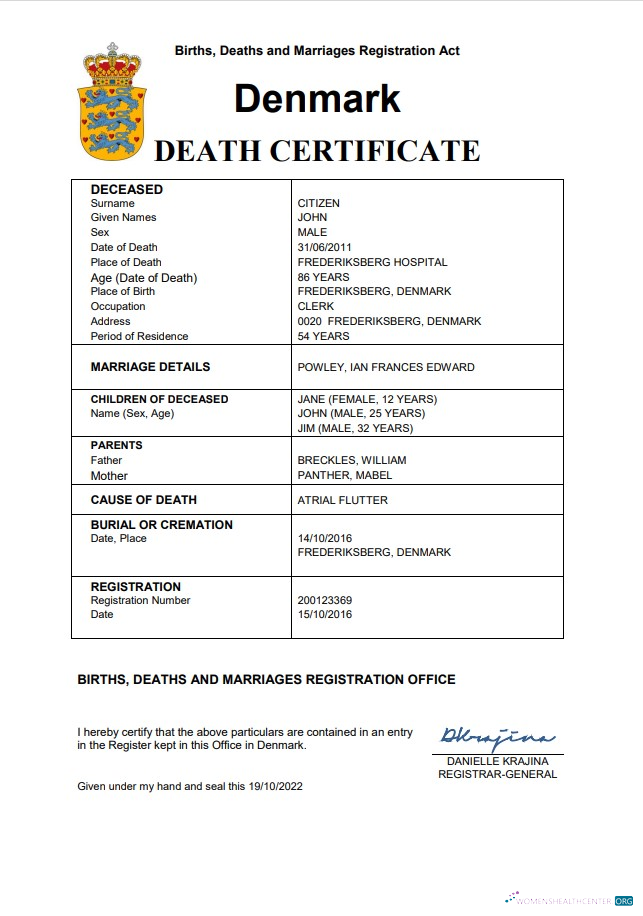 Качественный Скачать Дания Vital Record Death Certificate Word и PDF Шаблон Photoshop Шаблон