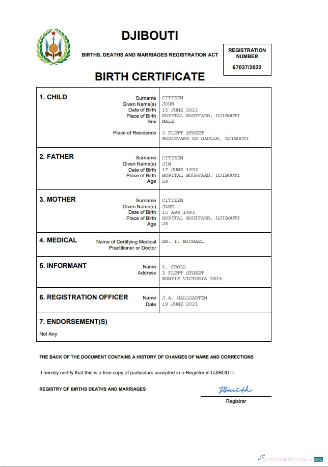 Профессиональный Скачать Джибути Birth Certificate Word и PDF Шаблон Photoshop Шаблон