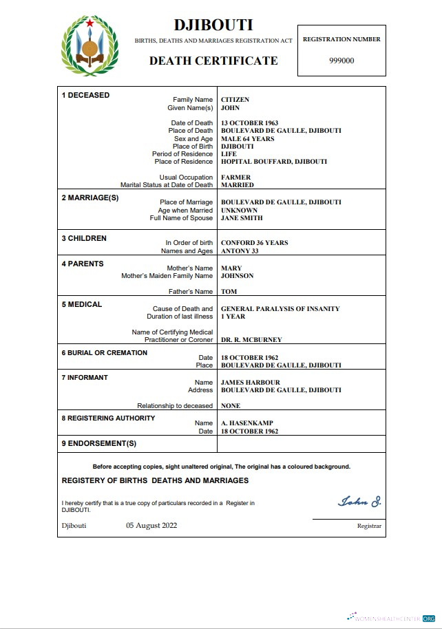 Профессиональный Скачать Джибути Death Certificate Word и PDF Шаблон Photoshop Шаблон