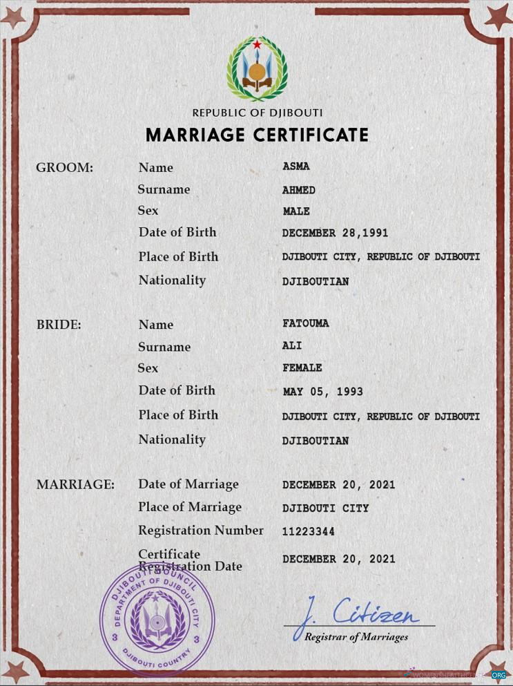 Редактируемый Скачать Джибути Marriage Certificate PSD Шаблон Photoshop Шаблон