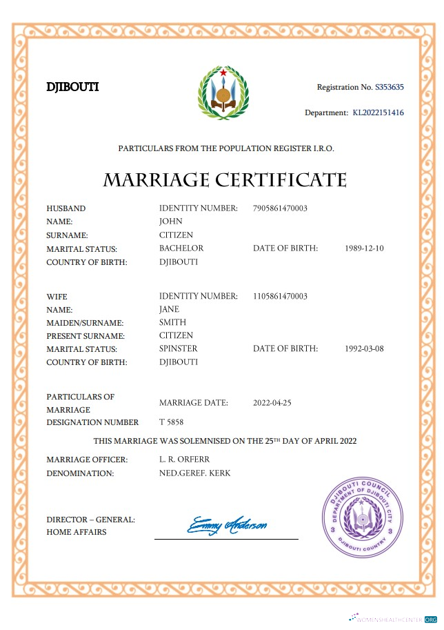 Премиум Скачать Джибути Marriage Certificate Word и PDF Шаблон Photoshop Шаблон