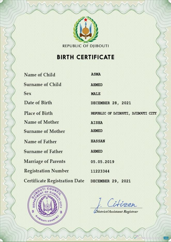 Редактируемый Скачать Джибути Vital Record Birth Certificate PSD Шаблон Photoshop Шаблон