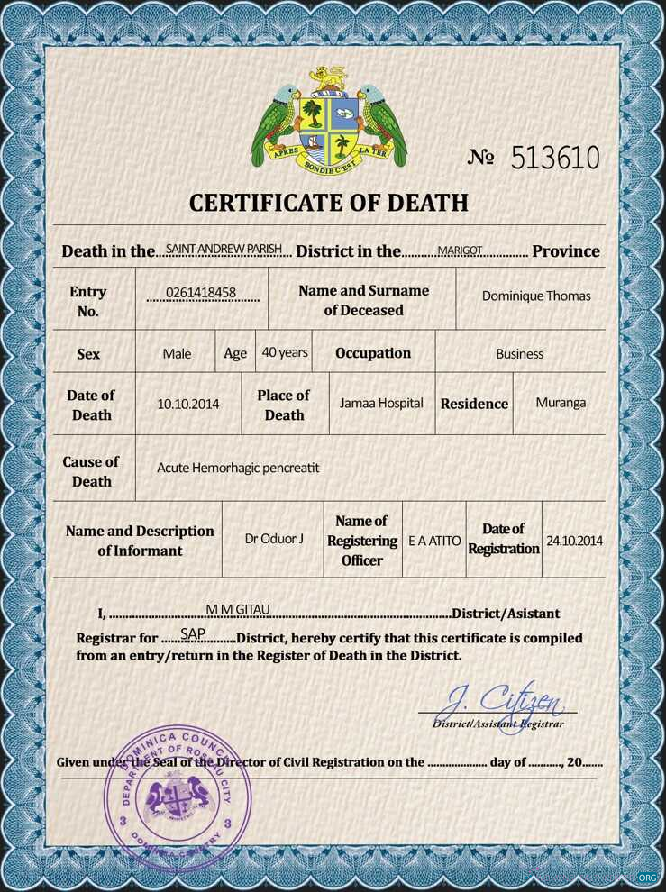 Качественный Скачать Доминика Vital Record Death Certificate PSD Шаблон Photoshop Шаблон
