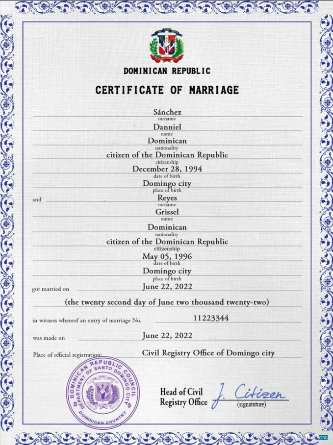 Редактируемый Скачать Доминиканская Республика Marriage Certificate PSD Шаблон Photoshop Шаблон