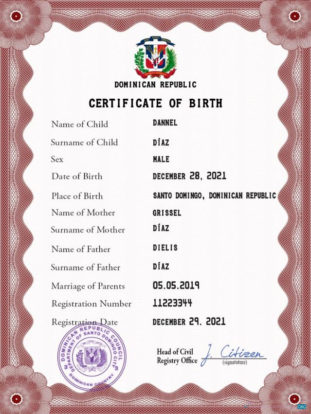 Качественный Скачать Доминиканская Республика Vital Record Birth Certificate PSD Photoshop Шаблон