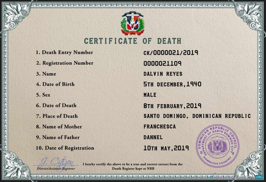 Премиум Скачать Доминиканская Республика Vital Record Death Certificate PSD Шаблон Photoshop Шаблон