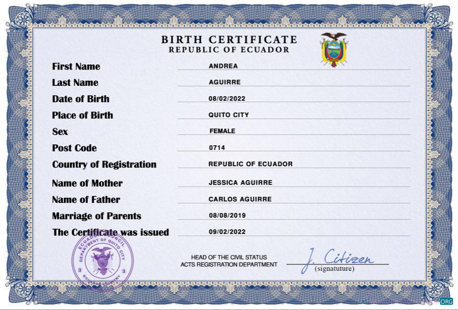 Премиум Скачать Эквадор Birth Certificate Photoshop Шаблон