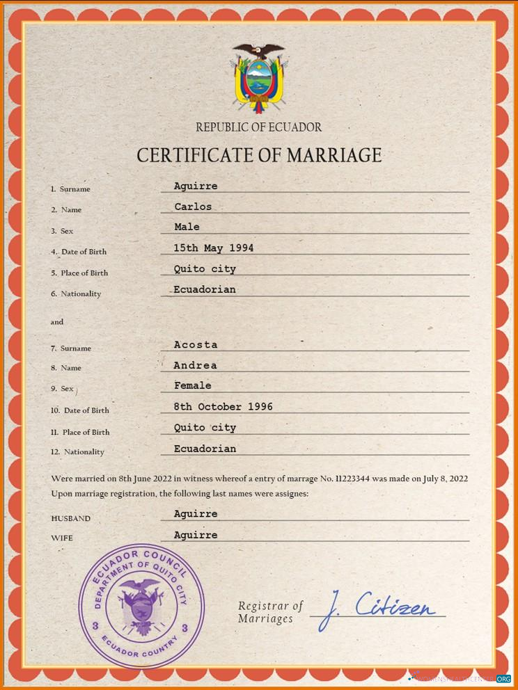 Реалистичный Скачать Эквадор Marriage Certificate PSD Шаблон Photoshop Шаблон