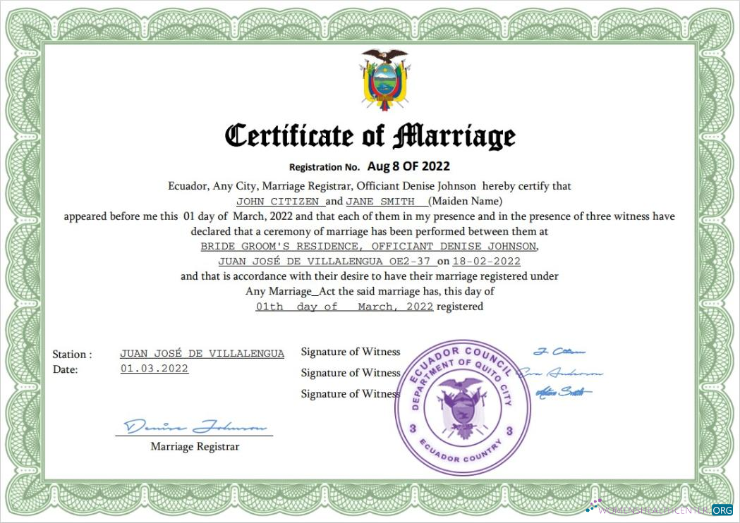 Редактируемый Скачать Эквадор Marriage Certificate Word и PDF Шаблон Photoshop Шаблон