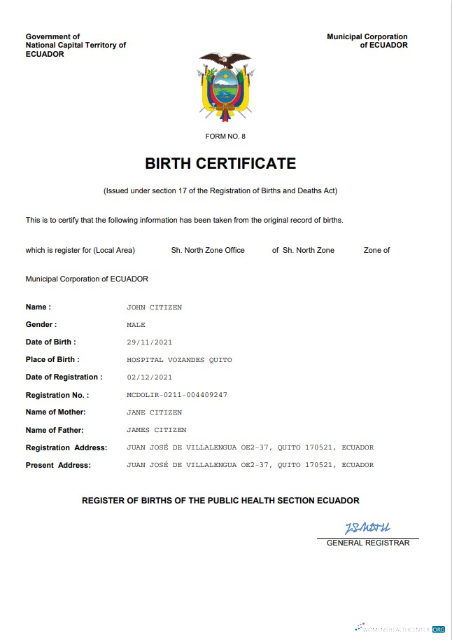 Премиум Скачать Эквадор Vital Record Birth Certificate Word и PDF Шаблон Photoshop Шаблон