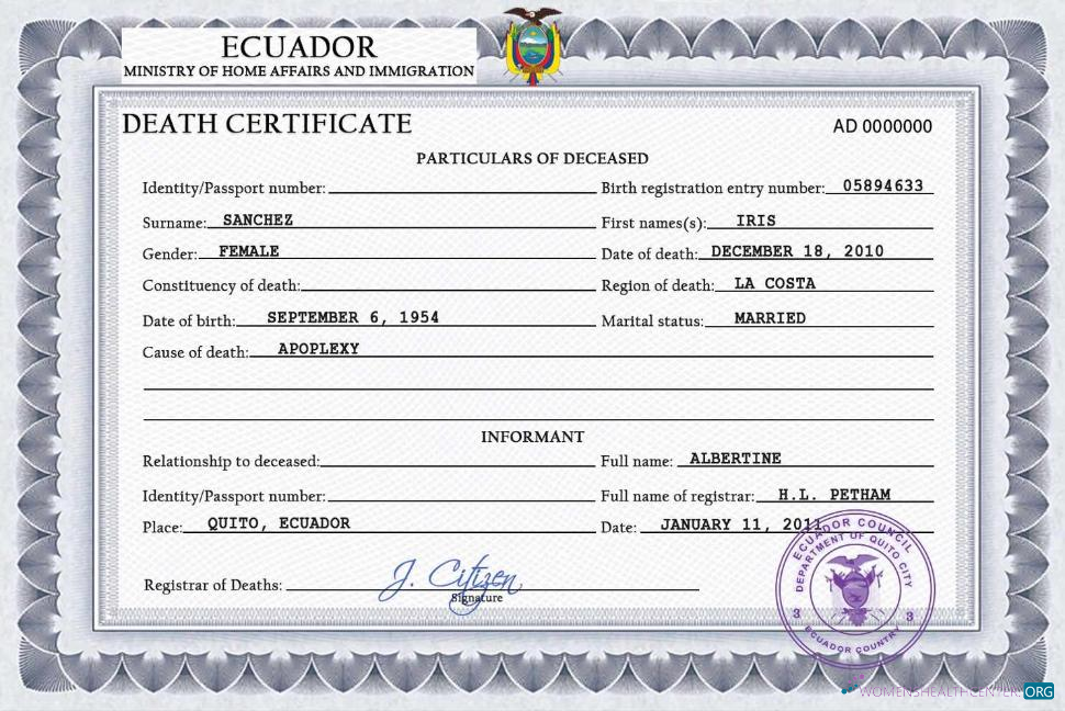 Редактируемый Скачать Эквадор Vital Record Death Certificate PSD Шаблон Photoshop Шаблон