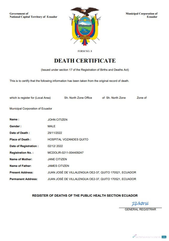Качественный Скачать Эквадор Vital Record Death Certificate Word и PDF Шаблон Photoshop Шаблон