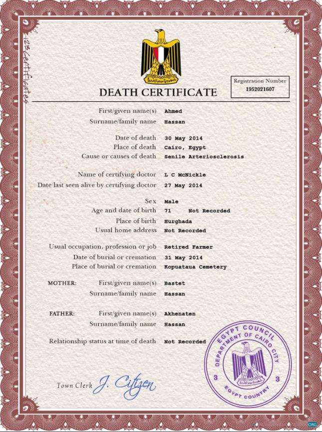 Профессиональный Скачать Египет Death Certificate PSD Шаблон Photoshop Шаблон
