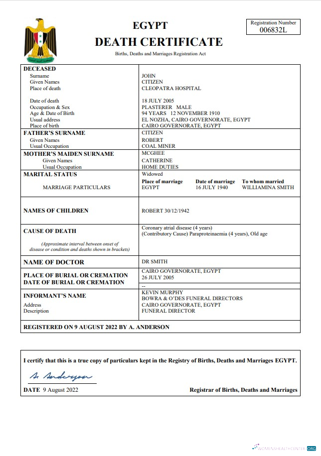 Качественный Скачать Египет Vital Record Death Certificate Word и PDF Шаблон Photoshop Шаблон