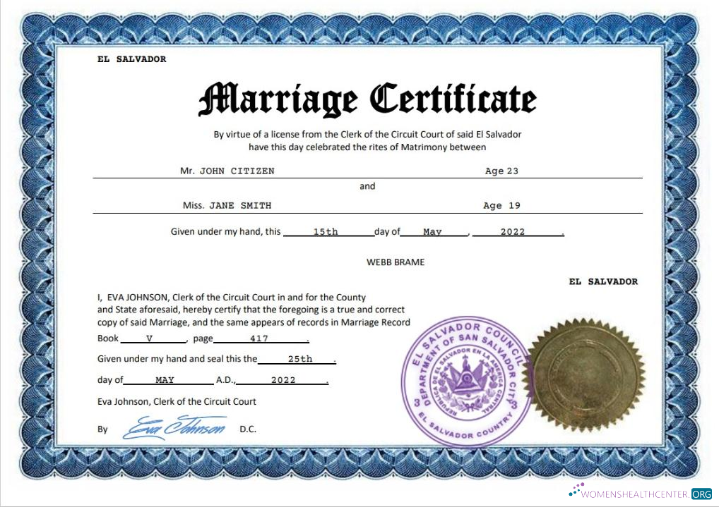 Профессиональный Скачать Сальвадор Marriage Certificate Word и PDF Шаблон Photoshop Шаблон