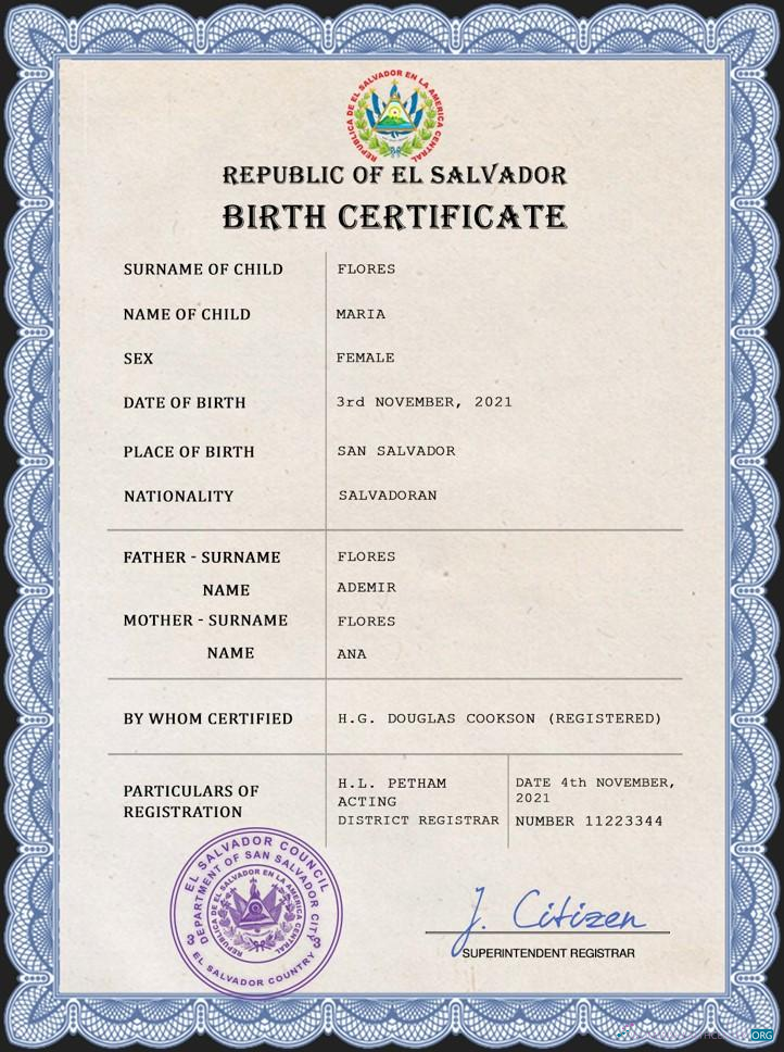 Качественный Скачать Сальвадор Vital Record Birth Certificate PSD Шаблон Photoshop Шаблон