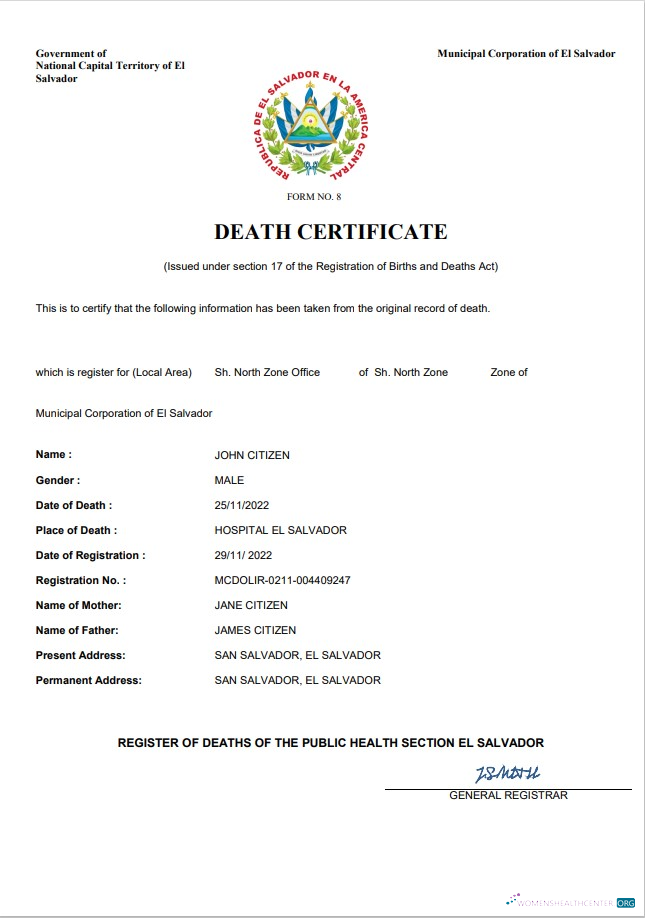 Реалистичный Скачать Сальвадор Vital Record Death Certificate Word и PDF Шаблон Photoshop Шаблон