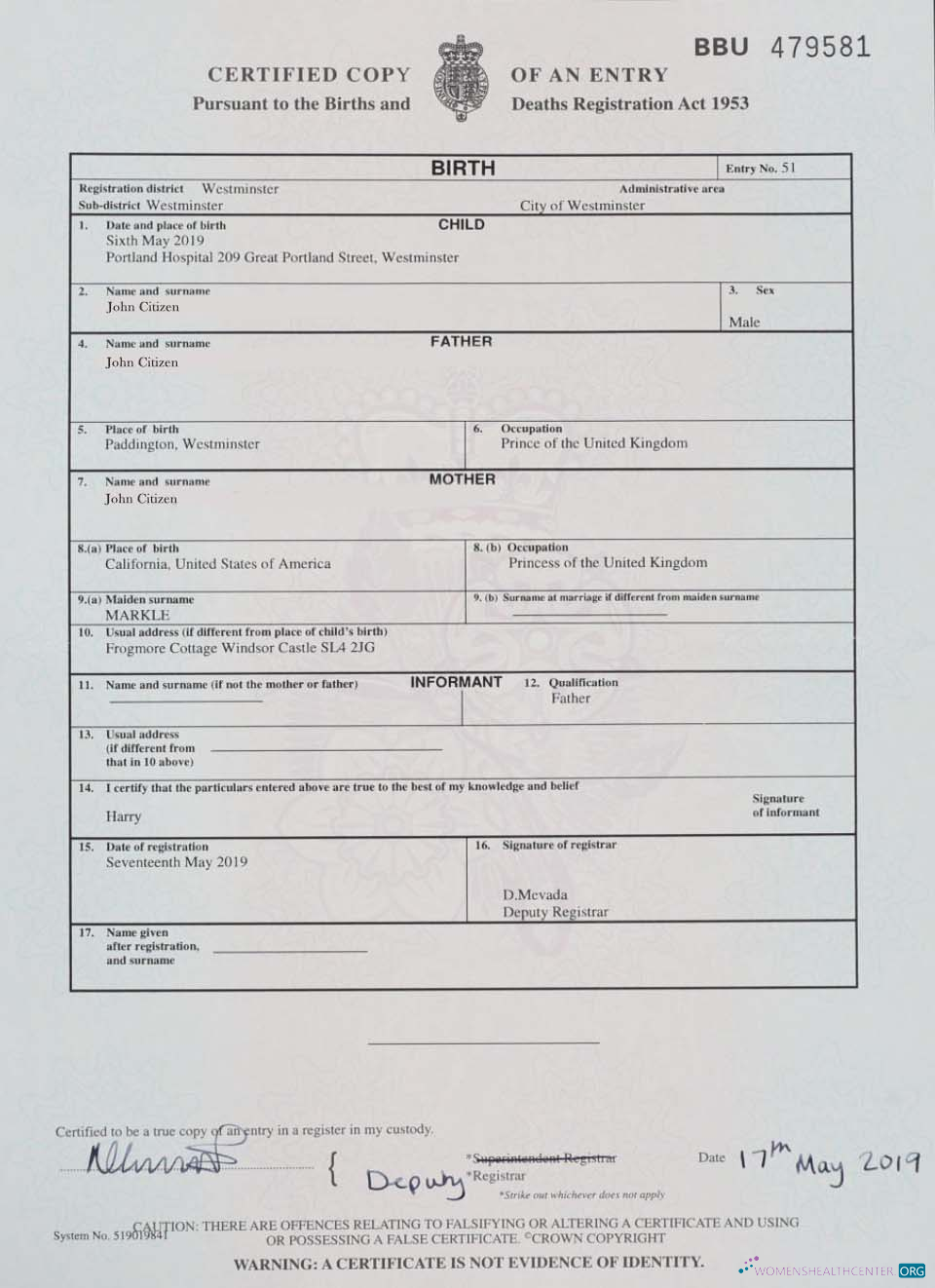 Редактируемый Скачать England Births и Deaths Registration Birth Certificate Photoshop Шаблон