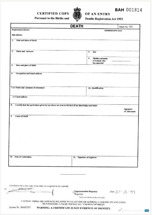 Редактируемый Скачать England General Register London Death Certificate Photoshop Шаблон