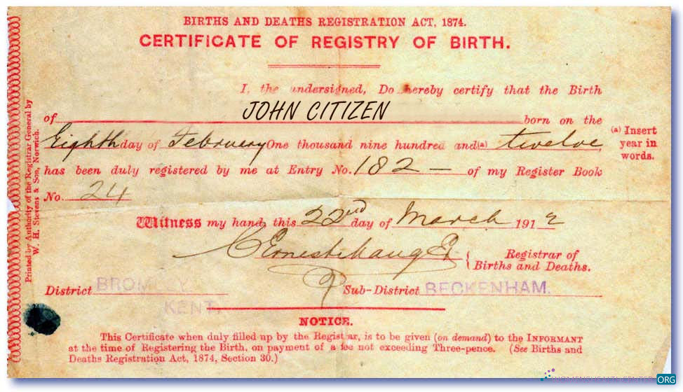 Редактируемый Скачать England Registrar Births и Deaths Birth Certificate Photoshop Шаблон
