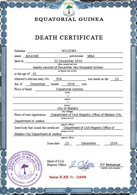 Премиум Скачать Equatorial Гвинея Death Certificate PSD Photoshop Шаблон