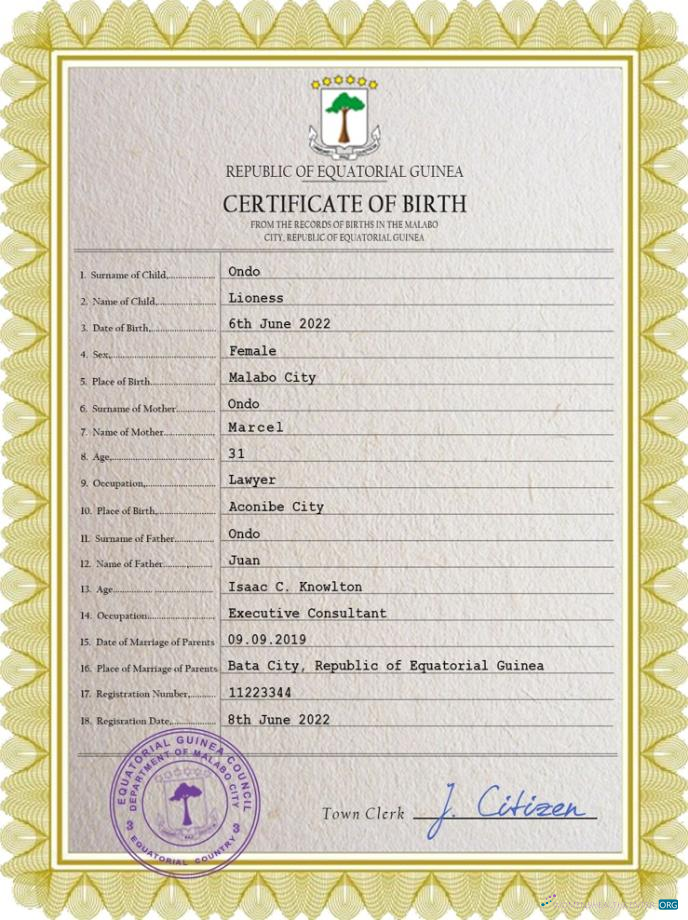 Реалистичный Скачать Equatorial Гвинея Birth Certificate PSD Шаблон Photoshop Шаблон