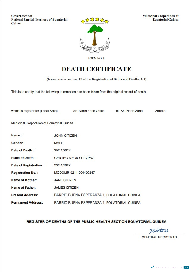 Редактируемый Скачать Equatorial Гвинея Death Certificate Word и PDF Шаблон Photoshop Шаблон